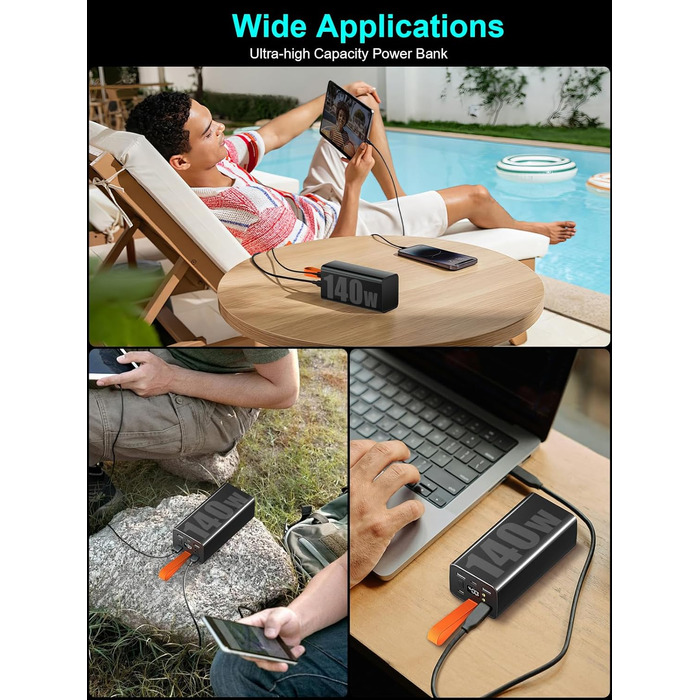 Портативний зарядний акумулятор 140W 70000mAh з USB-C PD 3.0 для ноутбуків, iPhone, Galaxy, MacBook, Dell та інших пристроїв (чорний)