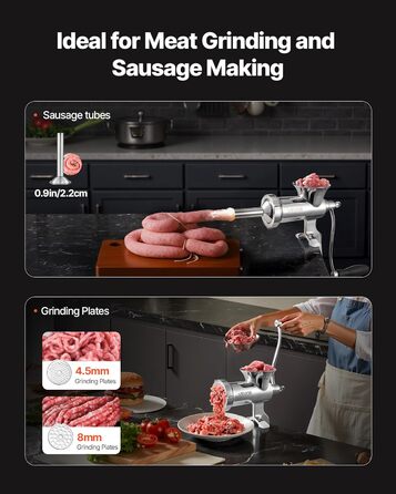 М'ясорубка ручна VEVOR з нержавіючої сталі 304, диски 4.5/8 мм, для фаршу та ковбас, 38 см, срібляста