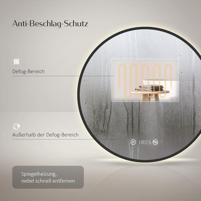 Круглий дзеркало для ванної кімнати EMKE з підсвічуванням 60 см – Чорний дзеркало з антизапарюванням, регулюванням яскравості, годинником, індикатором температури, сенсорним управлінням, функцією пам'яті, енергозберігаючий