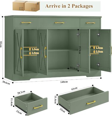 Sideboard HOCSOK 140 см: буфет з 3 ящиками, 4 дверцятами та 2 регульованими полицями, для кухні, вітальні, передпокою, білий & коричневий (зелений)