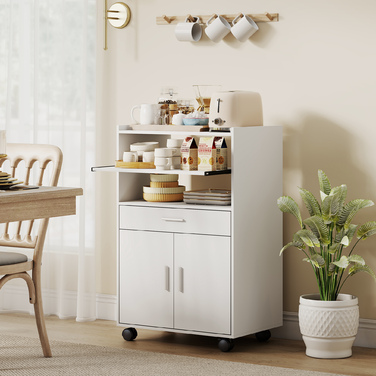 Мікрохвильова шафа-стелаж з двома дверцятами та висувними ящиками на колесах, білий