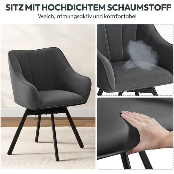 Крісло Yaheetech для кухні/їдальні/вітальні, обертається на 360°, з підлокітниками та металевими ніжками, темно-сірий, комплект з 4 шт.