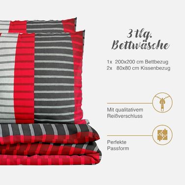 Комплект постільної білизни 200x200 з бавовни – набір постільної білизни на всі сезони, м'який та дихаючий, простирадло та наволочки 80x80 см з блискавкою, Petrol (Вітер/Червоний, 200x200 см (3-частини))