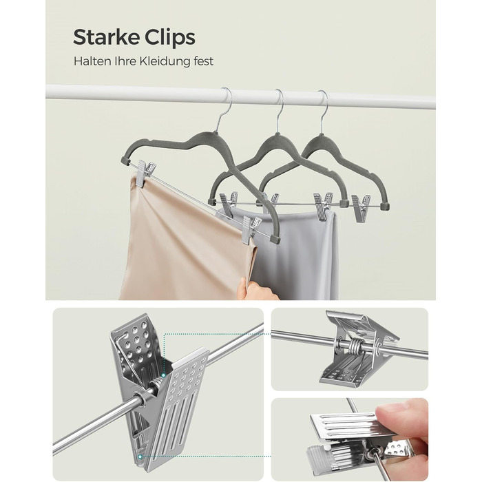 Набір вешалок SONGMICS з оксамиту, 20 шт., для штанів, пальто, суконь, 42,5 см, з регульованими кліпсами, антиковзаючі, економія місця, сірі