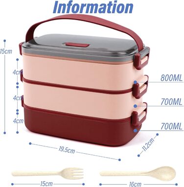 Ланч Бокс 3 яруси - 2200 мл Bento Box, зі столовими приборами, без бісфенолу А, підходить для мікрохвильової печі, бежевий, 19,5x11,2x15 см