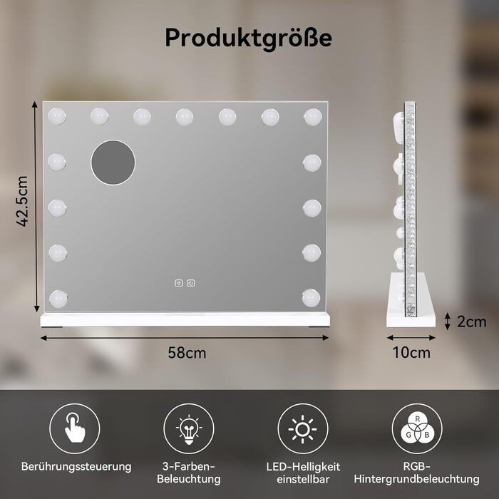 Дзеркало для макіяжу YU YUSING з підсвічуванням 58x45 см, 15 LED, 3 кольори, збільшення 10x, USB Type-C, RGB