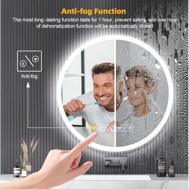 Круглий дзеркало для ванної кімнати з підсвічуванням, 60 см, LED, Bluetooth, сенсорне управління, регулювання кольору (3000K-6500K), диммування, HD-загартоване скло, 600x600 мм