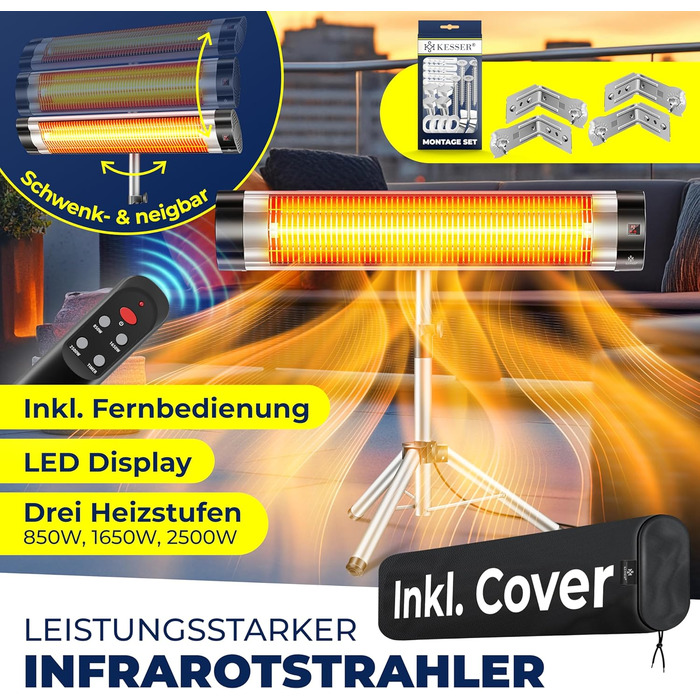 Інфрачервовий обігрівач KESSER® 2500W з пультом дистанційного керування та захисним чохлом, телескопічна стійка, для тераси, кварцовий нагрівач, срібний
