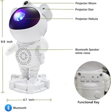 Нічник-проектор «Астронавт» зі звездним небом та галактикою, Bluetooth-динамік, білий шум, дистанційне керування та таймер, змінює кольори, 360° обертання, подарунок для дітей та дорослих
