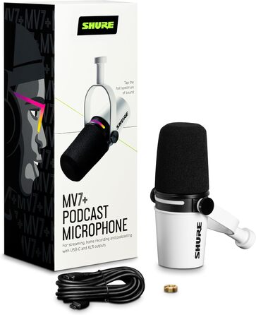 Мікрофон Shure MV7+ для подкастингу, покращений звук, LED-тачпанель, USB-C/XLR, авто-рівень, цифровий поп-фільтр, ефекти реверберації, для запису, стрімінгу, білий