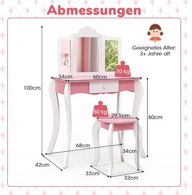 Дитячий туалетний столик COSTWAY 2 в 1 з табуреткою, знімним дзеркалом і ящиком, 68x42x100см, рожевийбілий