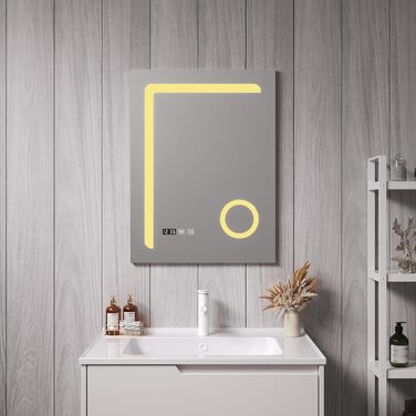 Дзеркало для ванної кімнати pro.tec LED Chambave з підсвічуванням, 3 кольори світла, вертикальне, для макіяжу, прямокутне, 60 x 80 см, срібне, антизапарююче, з лупою та годинником