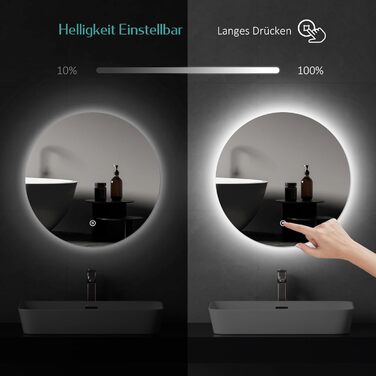 Дзеркало для ванної кімнати EMKE з підсвічуванням, діаметр 50 см, регульоване холодне біле світло, функція пам'яті, сенсорне керування, IP44, енергозберігаюче, заднє підсвічування