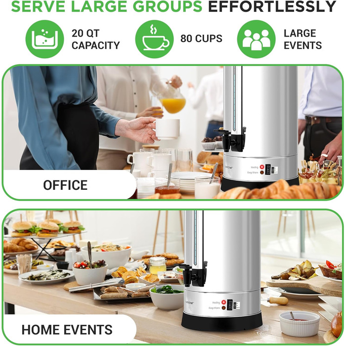 NutriChef Електричний автоклав та дозатор гарячої води 13л - нержавіюча сталь з захисним кришкою та краном без протікання | Функція підігріву для глінтвейну, чаю, кави | Для комерційного та приватного використання | 1100W компактний пристрій (19 літрів)