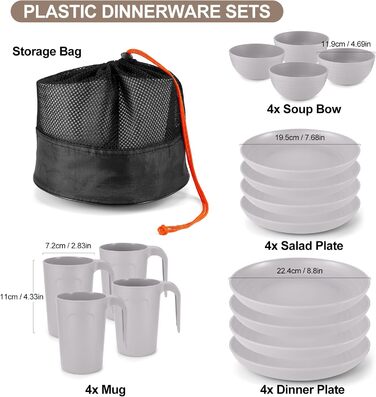 Набір посуду Odoland для кемпінгу на 4 особи, 17 предметів, сірий: тарілки, миски, чашки