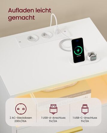 VASAGLE Custos: Набір з 2 тумбочок з LED-підсвіткою та зарядкою, білий, з шухлядами та USB-портами