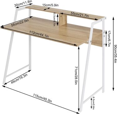 Комп'ютерний стіл Офісний стіл Робочий стіл Робочий стіл для ПК Стіл для ноутбука, з полицею, сталевий каркас, 112x56x90 см (ШxГxВ), дерево, дуб, 20hei