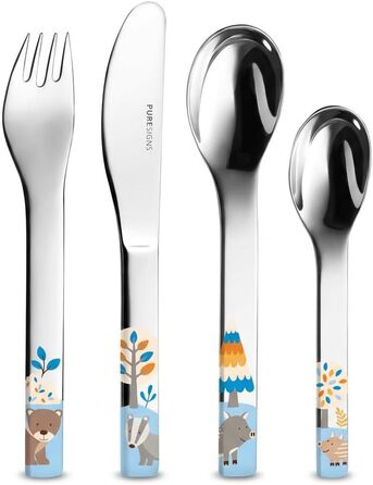 Дитячий ергономічний набір столових приборів Puresigns (4 шт.) з нержавіючої сталі 18/10 – Безпечний та довговічний – Мотиви лісових тварин (ведмедик, барсук, кабан) – Можна мити в посудомийній машині – Ідеально для малюків та тих, хто вчиться їсти