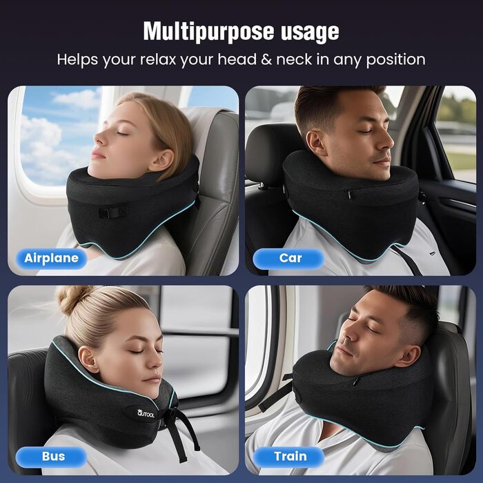 Подушка для шиї у літак з Memory Foam, регульовані ремені, дихаючий чохол, підтримка шиї для подорожей (літак, авто, поїзд). У комплекті: чохол для зберігання з гачком