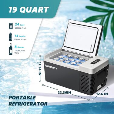 EUHOMY Компресорна холодильна сумка -20℃~20℃, 12V/24V автомобільний холодильник, портативний морозильник, з керуванням через додаток для кемпінгу, подорожей, вантажних автомобілів та дому (19QT)
