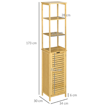 Шафа Kleankin Badschrank Bambus, 34 x 30 x 173 см, з 3 відкритими полицями та 1 шафкою, захист від перекидання, отвір для ручки, вільного стояння, для маленьких приміщень, натуральний колір | Aosom