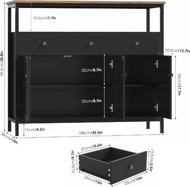 FirFurd Комод-тумба у вітальню, кухню, їдальню. Білий комод з 3 висувними ящиками та 3 дверцятами, регульована полиця, 108x38x98,5 см