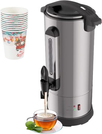 Глювайновий нагрівач з 10 чашками | 1500W, нержавіюча сталь, термостат 30–110°C, функція підігріву та кран | Глювайновий автомат для вечірок (10L, срібний)