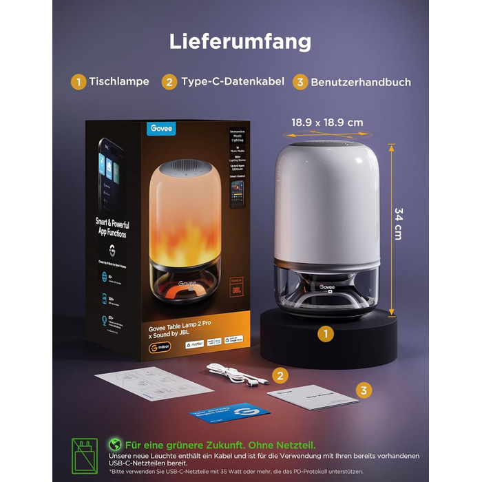 Govee LED лампа з колонкою JBL, Matter-сумісна, акумуляторна, 16 музичних режимів та 100+ сцен