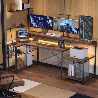 Ігровий стіл Bestier 181x80 см з LED-підсвіткою, L-подібний, 3 розетки AC, 2 USB, для комп'ютера, з великою платформою для монітора, карбон (коричневий)