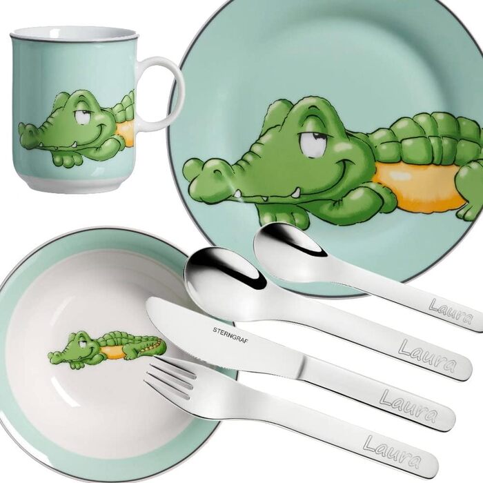 Дитячий набір посуду Kinderset Löwe з гравіюванням (ім'я) + дитячий посуд (крокодил)