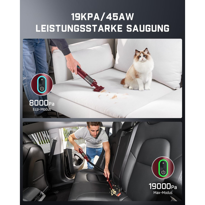 Акумуляторний автомобільний пилосос Fanttik Slim V8 APEX, портативний ручний міні-пилосос RobustClean™ 4-в-1, потужність всмоктування 19000 Па/45 AW, 2 режими роботи, для авто, офісу та клавіатур (Червоний)