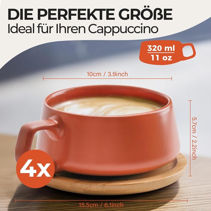 Набір кавових чашок Miamio 4 шт. з підставками (320 мл) - бежевий пастельний, 320 мл, Steingut, сучасний дизайн