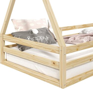 Ліжко для дому IDIMEX SILA з масиву сосни, красиве ліжко Монтессорі 90 х 200 см, стійке дитяче ліжечко із захистом від падіння та дахом (натуральне)
