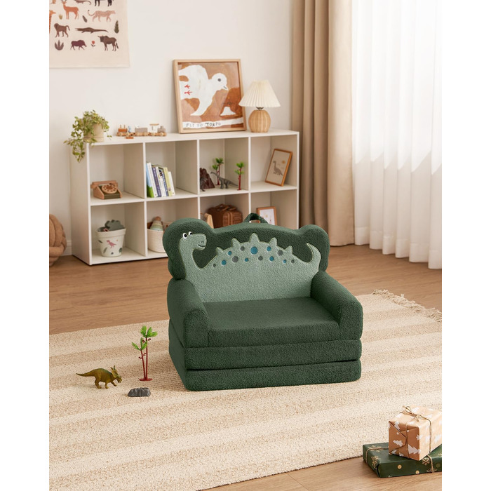 Дитяча крісло-диван Blissful Diary Kindercouch 2-в-1 з динозаврами, зручне, темно-зелене