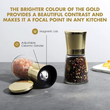 Золоті млини з лійкою, щітка - регульована, багаторазова, золота прикраса для кухні - подарунок, 2 упаковки з магнітною кришкою (макс. 60 символів)