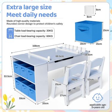 Дитячий стіл MAMIZO з 2 стільцями: дерев'яний стіл для ігор з місцем для зберігання, комплект меблів для дітей, стіл для малювання та рукоділля, від 3 років (блакитний)