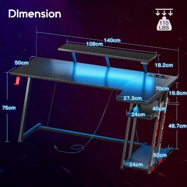 Ігровий стіл ODK L-подібна зі світлодіодом, розетки, підставка для монітора, вуглецеве волокно чорний (140 см)