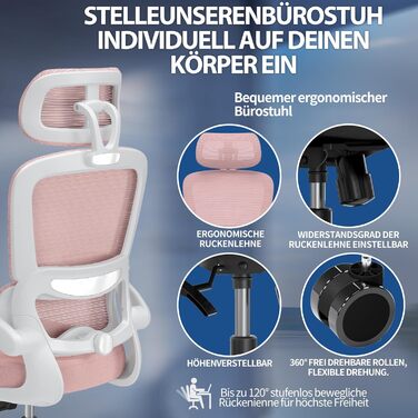 Офісне крісло TRALT Ergonomic - ергономічне крісло з регульованою підтримкою попереку та підголівником, ігрове крісло, крісло для дому, офісу, для великих людей (Рожеве)