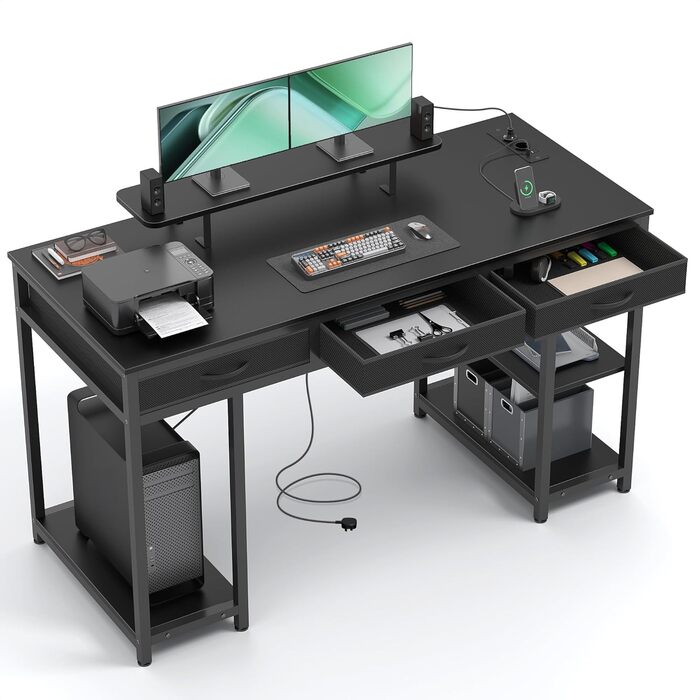 Комп'ютерний стіл Claiks з 3 висувними ящиками, полицею, 2 розетками та 2 USB-портами для зарядки, білий (140 x 60 см), чорний