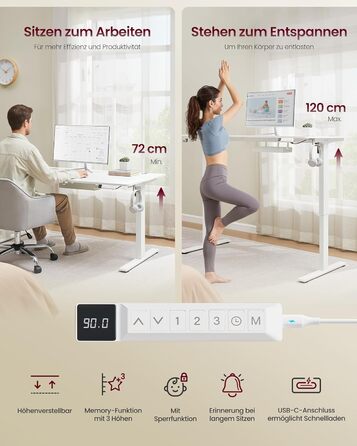 Стол для роботи VASAGLE з регулюванням висоти, USB-C, підставка для розеток, стоячий стіл, нагадування про перерви, 3 пам'яті, для офісу, 180x80 см, матовий білий (LSD146WZ02)