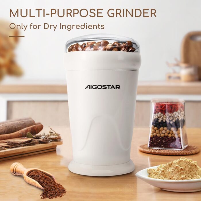 Кавомолка електрична Aigostar для кави, спецій, горіхів та зерна, нержавіюча сталь, 60г, 200 Вт, біла (2 шт)