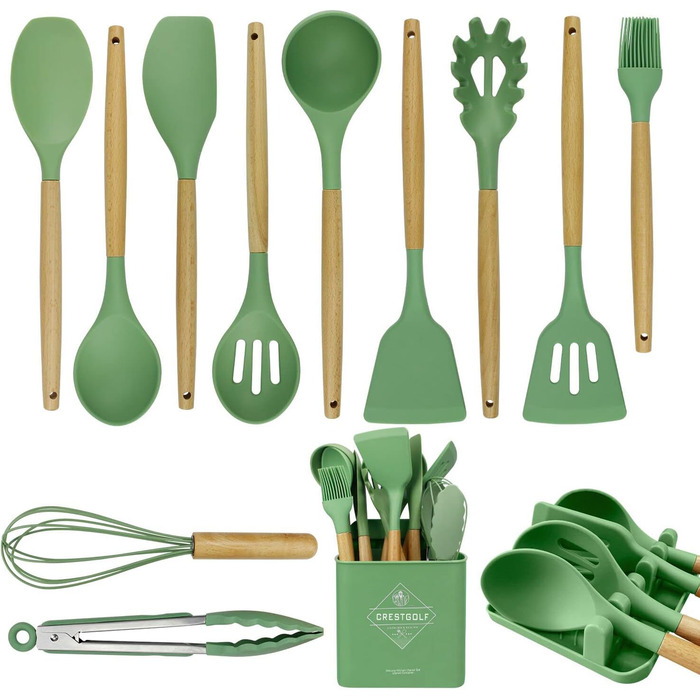 Набір кухонних аксесуарів 13шт, силікон, стійкий до високих температур, з дерев'яною ручкою (авокадо-зелений)