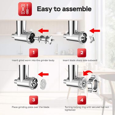 Електрична м'ясоподрібнювач TurboTronic Samurai 2600W з набором аксесуарів: для ковбас, печива, кеббе та подрібнення овочів. Корпус з нержавіючої сталі, металеве редукторне зчеплення.