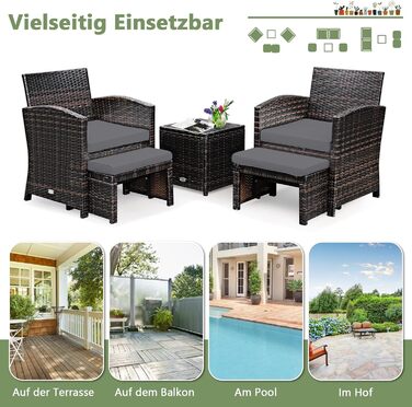 GIANTEX Набір садово-розслаблюючих меблів з ротангу для балкону/саду (2 крісла з пуфами), сірі подушки