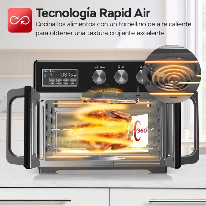 TurboTronic Міні-піч 4в1: конвекційна піч, фритюрниця, дегідратор, гриль. Об'єм 32л, з поворотним шампуром та аксесуарами. Чорний колір.