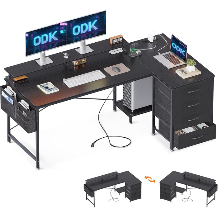 Кутовий стіл ODK з 4 висувними ящиками, USB-порт та розетка, для дому та офісу (160x80x84.7 см, чорний)