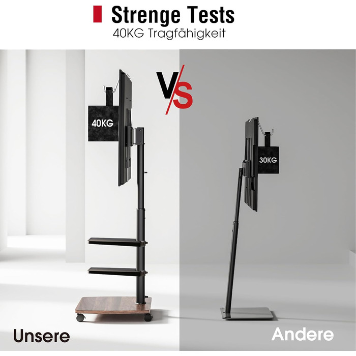 Підставка для телевізора мобільна з поличками Holzablage 32-65 дюйми, чорний/вінтажний коричневий, до 40 кг, VESA 400x400