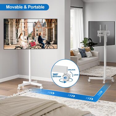 Мобільний телевізійний візок HOLMAXD: регульований стійкий стенд для телевізорів 58-165 см (23-65 дюймів), до 50 кг, з нахиленою підставкою, білий, для саду