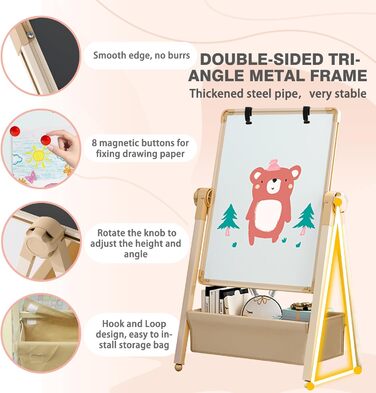 Дитяча мольберт Kinderstaffelei з двома сторонами, металева конструкція, регульована висота, обертається на 360°, дошка для малювання та письма з літерами та цифрами (жовтий)