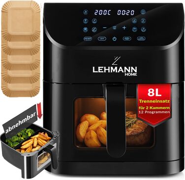 Фритюрниця повітряна LEHMANN XXL з 2 камерами (13 програм, 50–200°C, Touchscreen, антипригарне покриття, 8л)